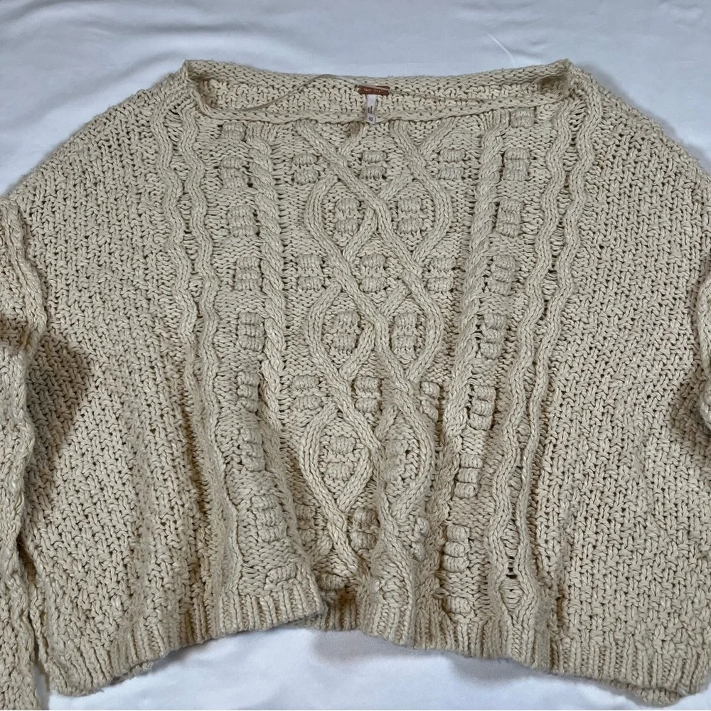 Free People Womens XS Sweater‎ Beige Cable Knit Oversized Chunky Crop